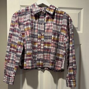 Tuckernuck Plaid Button-Front Crop Shirt in Pink, Burgundy & Yellow